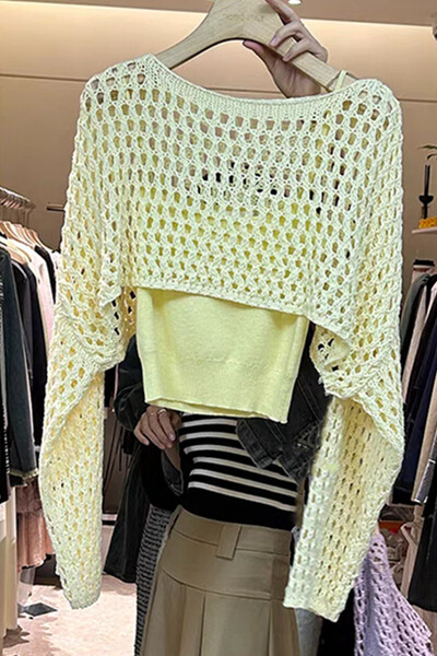 Pointelle Knit Crop džemperis Caurspīdīgi džemperi ar garām piedurknēm sievietēm Pusaudžu Pavasara Vasaras Cover Up 90. gadu Y2K apģērbs