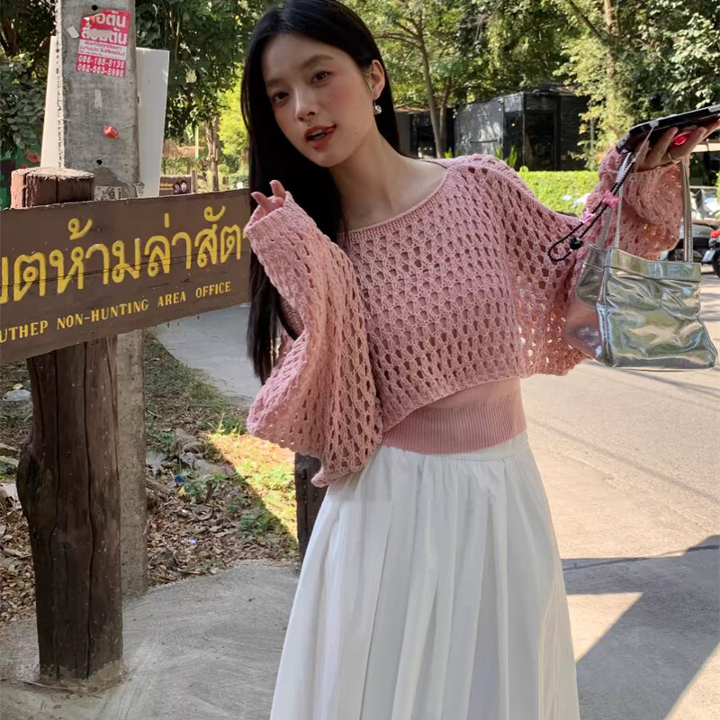 Pointelle Knit Crop džemperis Caurspīdīgi džemperi ar garām piedurknēm sievietēm Pusaudžu Pavasara Vasaras Cover Up 90. gadu Y2K apģērbs