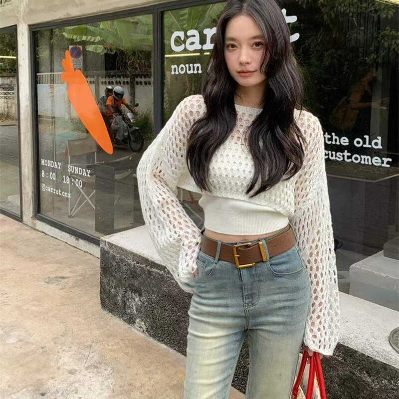 Pointelle Knit Crop džemperis Caurspīdīgi džemperi ar garām piedurknēm sievietēm Pusaudžu Pavasara Vasaras Cover Up 90. gadu Y2K apģērbs