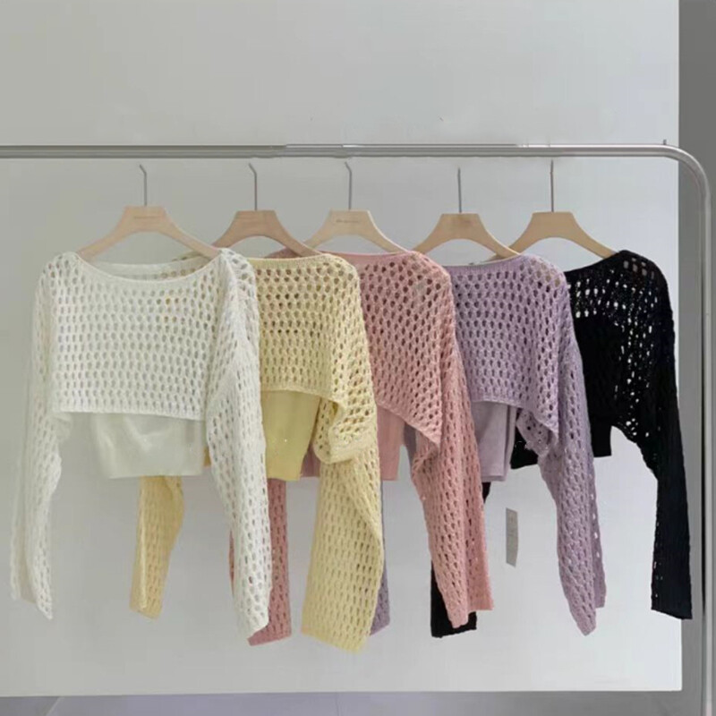 Pointelle Knit Crop džemperis Caurspīdīgi džemperi ar garām piedurknēm sievietēm Pusaudžu Pavasara Vasaras Cover Up 90. gadu Y2K apģērbs