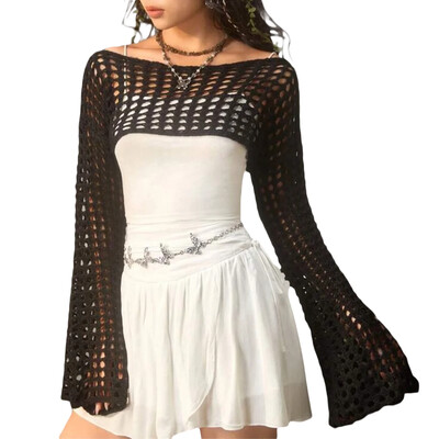 Femei Y2K Tricotate din umeri Crop Tops Croșetat Decupat Decupaj cu mânecă lungă Bolero Pulover Smock Top Beach Cover Ups G negru