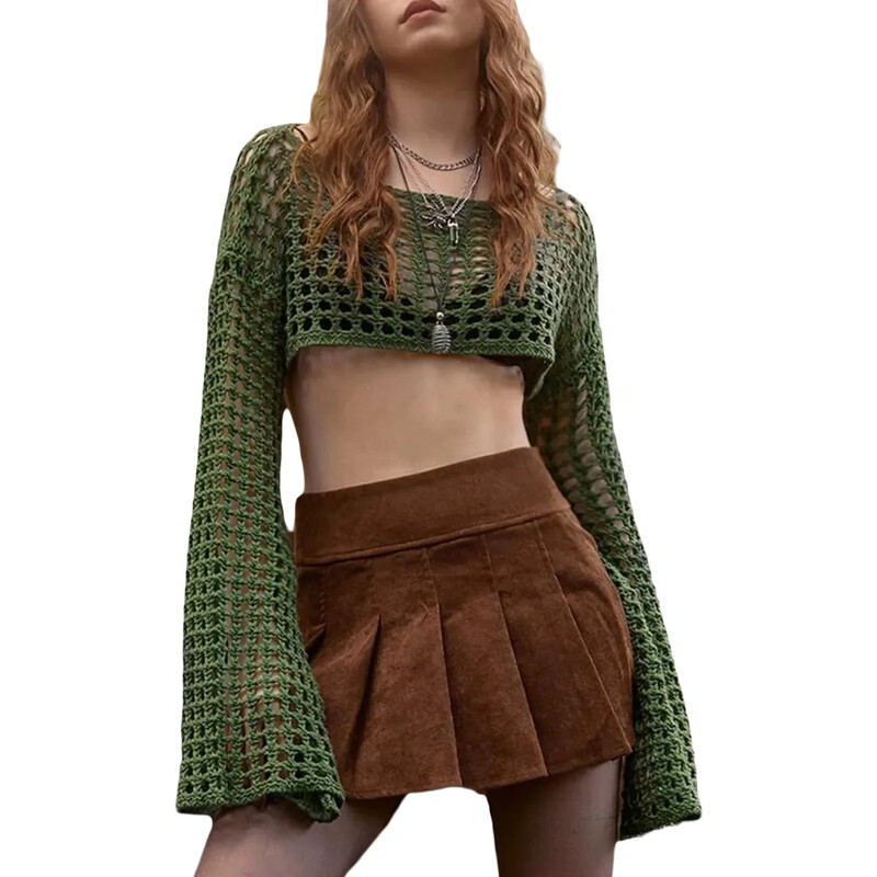 Femei Y2K Tricotate din umeri Crop Tops Croșetat Decupat Decupaj cu mânecă lungă Bolero Pulover Smock Top Beach Cover Ups G negru