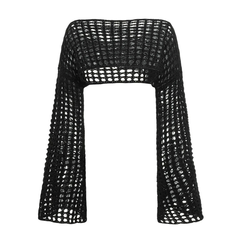 Femei Y2K Tricotate din umeri Crop Tops Croșetat Decupat Decupaj cu mânecă lungă Bolero Pulover Smock Top Beach Cover Ups G negru