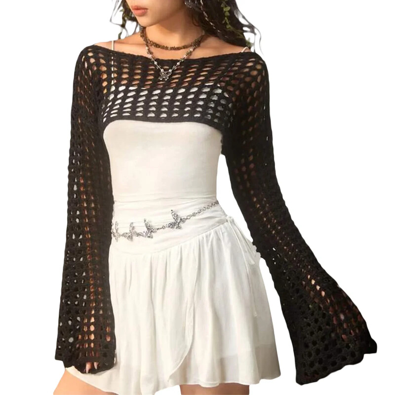 Femei Y2K Tricotate din umeri Crop Tops Croșetat Decupat Decupaj cu mânecă lungă Bolero Pulover Smock Top Beach Cover Ups G negru