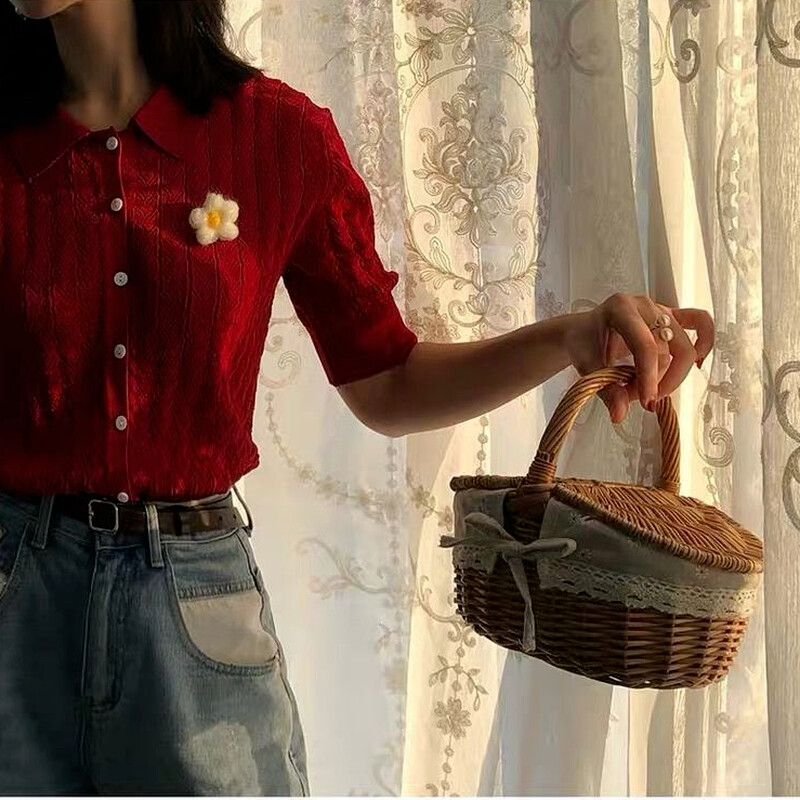 Ženski kardigan kratkih rukava, starinski dizajn s aplikacijama, ovratnik na okretanje, šik za mršavljenje, ljetne modne kratke majice izdubljene