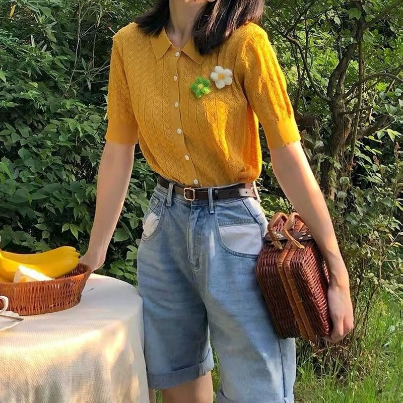 Ženski kardigan kratkih rukava, starinski dizajn s aplikacijama, ovratnik na okretanje, šik za mršavljenje, ljetne modne kratke majice izdubljene
