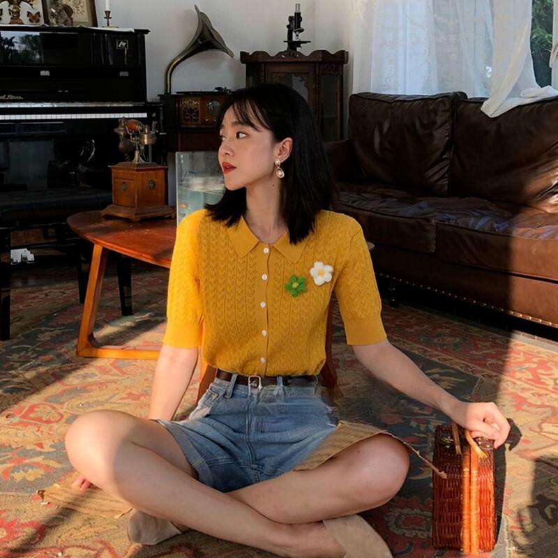 Ženski kardigan kratkih rukava, starinski dizajn s aplikacijama, ovratnik na okretanje, šik za mršavljenje, ljetne modne kratke majice izdubljene