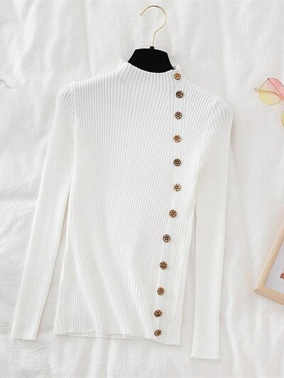 2024 Γυναικεία πουλόβερ πουλόβερ Χακί Casual Φθινοπωρινό Χειμερινό Κουμπί Turtlneck Κομψό πουλόβερ Γυναικείο Slim Knit Top Μαλακό πουλόβερ