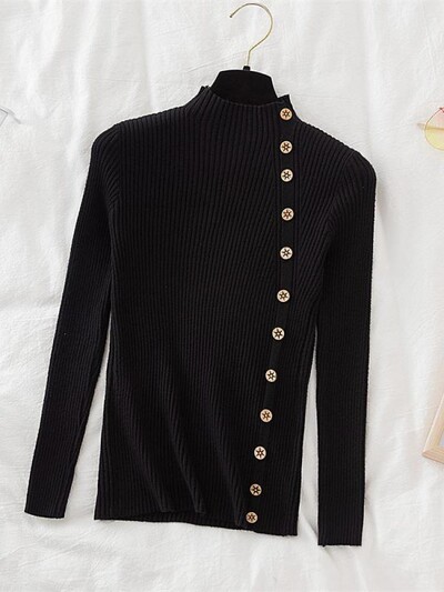 2024 Γυναικεία πουλόβερ πουλόβερ Χακί Casual Φθινοπωρινό Χειμερινό Κουμπί Turtlneck Κομψό πουλόβερ Γυναικείο Slim Knit Top Μαλακό πουλόβερ