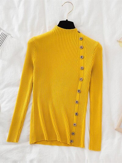 2024 Γυναικεία πουλόβερ πουλόβερ Χακί Casual Φθινοπωρινό Χειμερινό Κουμπί Turtlneck Κομψό πουλόβερ Γυναικείο Slim Knit Top Μαλακό πουλόβερ