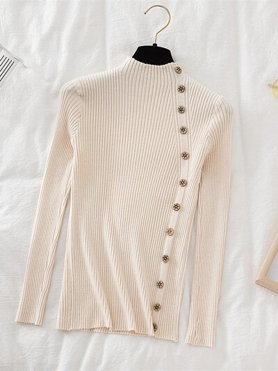 2024 Γυναικεία πουλόβερ πουλόβερ Χακί Casual Φθινοπωρινό Χειμερινό Κουμπί Turtlneck Κομψό πουλόβερ Γυναικείο Slim Knit Top Μαλακό πουλόβερ