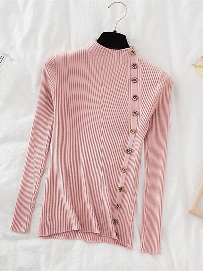 2024 Γυναικεία πουλόβερ πουλόβερ Χακί Casual Φθινοπωρινό Χειμερινό Κουμπί Turtlneck Κομψό πουλόβερ Γυναικείο Slim Knit Top Μαλακό πουλόβερ