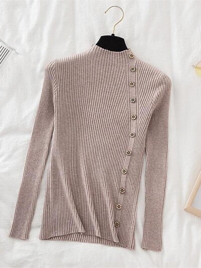 2024 Γυναικεία πουλόβερ πουλόβερ Χακί Casual Φθινοπωρινό Χειμερινό Κουμπί Turtlneck Κομψό πουλόβερ Γυναικείο Slim Knit Top Μαλακό πουλόβερ