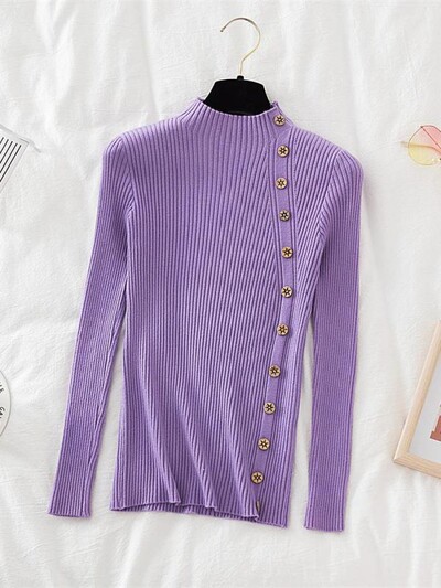 2024 Γυναικεία πουλόβερ πουλόβερ Χακί Casual Φθινοπωρινό Χειμερινό Κουμπί Turtlneck Κομψό πουλόβερ Γυναικείο Slim Knit Top Μαλακό πουλόβερ