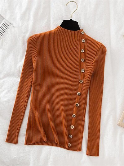 2024 Γυναικεία πουλόβερ πουλόβερ Χακί Casual Φθινοπωρινό Χειμερινό Κουμπί Turtlneck Κομψό πουλόβερ Γυναικείο Slim Knit Top Μαλακό πουλόβερ