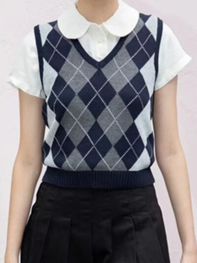 Pleds, trikotāžas, slaids džempera veste sieviešu rudens V kakla izgriezumam bez piedurknēm, mīksta kokvilnas pulovera topi Vintage Preppy Style Y2k Crop Top