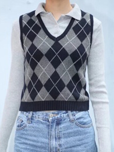 Pleds, trikotāžas, slaids džempera veste sieviešu rudens V kakla izgriezumam bez piedurknēm, mīksta kokvilnas pulovera topi Vintage Preppy Style Y2k Crop Top