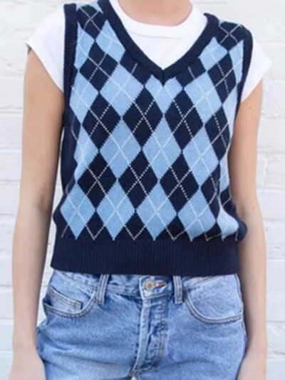 Pleds, trikotāžas, slaids džempera veste sieviešu rudens V kakla izgriezumam bez piedurknēm, mīksta kokvilnas pulovera topi Vintage Preppy Style Y2k Crop Top