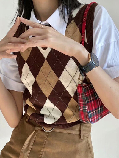 Pleds, trikotāžas, slaids džempera veste sieviešu rudens V kakla izgriezumam bez piedurknēm, mīksta kokvilnas pulovera topi Vintage Preppy Style Y2k Crop Top