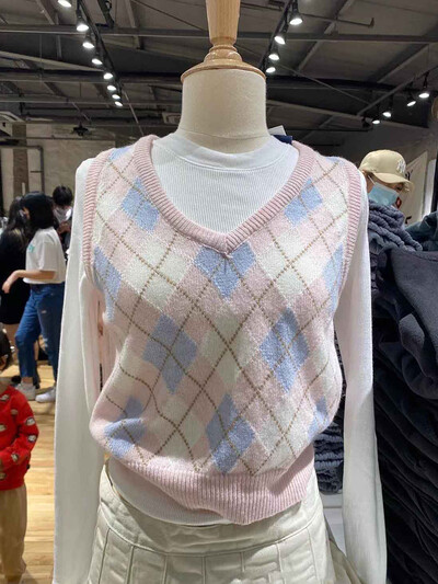 Pleds, trikotāžas, slaids džempera veste sieviešu rudens V kakla izgriezumam bez piedurknēm, mīksta kokvilnas pulovera topi Vintage Preppy Style Y2k Crop Top