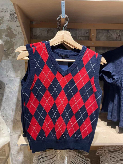 Pleds, trikotāžas, slaids džempera veste sieviešu rudens V kakla izgriezumam bez piedurknēm, mīksta kokvilnas pulovera topi Vintage Preppy Style Y2k Crop Top