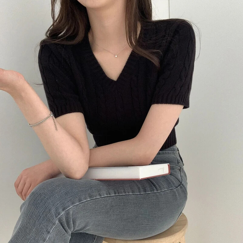 V Rövid ujjú, fehér csavaros pulóver, női mez cipzárok Mujer karcsú Crop felsők Temperamentum tavaszi kötött pulóverek vad koreai