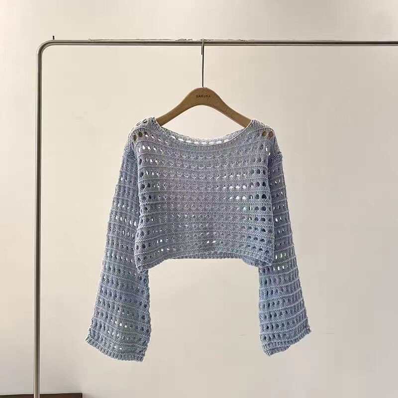 Pikkade varrukatega heegeldatud kootud topp suvine rannabikiinid Cover Up Crop Pullover Villane trikotaaž Pluus Naiste puhkuse Boho komplekt