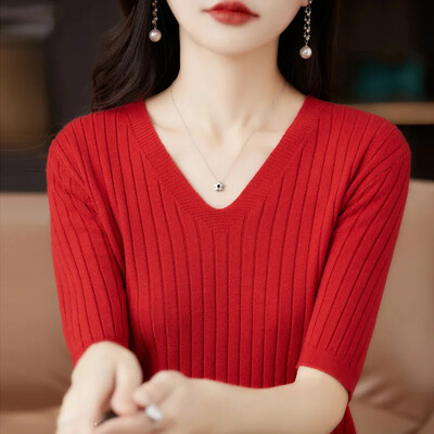 Ženski pulover kratkih rukava s V-izrezom na pruge Pletiva Slim Fit majica Korejski modni puloveri Tanke pletene majice 2024. Donje košulje