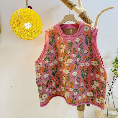 Pleteni prsluk s ružičastim cvijetom breskve u korejskom stilu za žene, modni pulover s cvjetnim vezom, pulover s pletenim izrezom