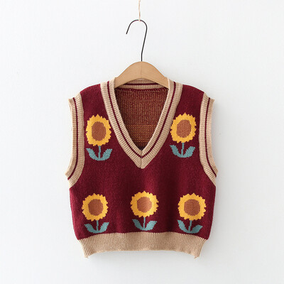 Pleteni prsluk s ružičastim cvijetom breskve u korejskom stilu za žene, modni pulover s cvjetnim vezom, pulover s pletenim izrezom