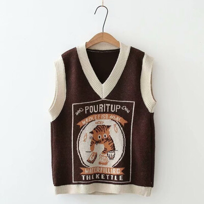 Pleteni prsluk s ružičastim cvijetom breskve u korejskom stilu za žene, modni pulover s cvjetnim vezom, pulover s pletenim izrezom