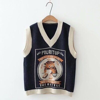 Pleteni prsluk s ružičastim cvijetom breskve u korejskom stilu za žene, modni pulover s cvjetnim vezom, pulover s pletenim izrezom