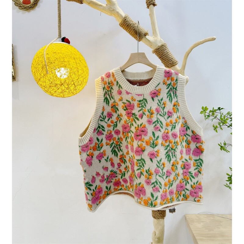 Pleteni prsluk s ružičastim cvijetom breskve u korejskom stilu za žene, modni pulover s cvjetnim vezom, pulover s pletenim izrezom