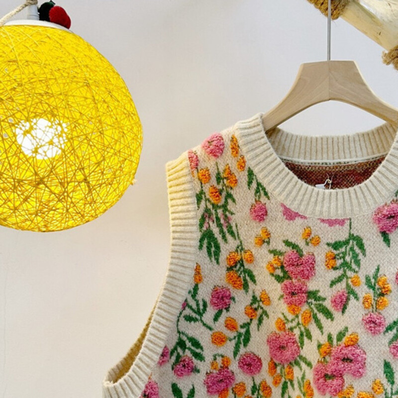 Pleteni prsluk s ružičastim cvijetom breskve u korejskom stilu za žene, modni pulover s cvjetnim vezom, pulover s pletenim izrezom