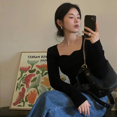 Pleteni puloveri Ženski vintage jednobojni džemperi Jesen Zima Korejski elegantni uski pleteni predmeti s četvrtastim ovratnikom Raznobojni džemperi Novo