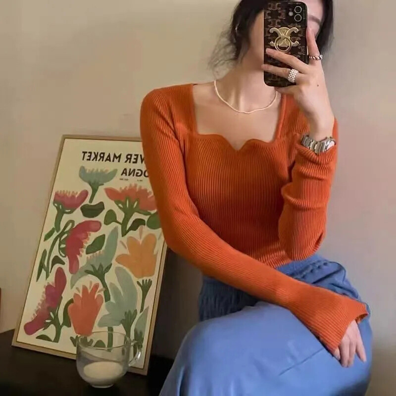 Pleteni puloveri Ženski vintage jednobojni džemperi Jesen Zima Korejski elegantni uski pleteni predmeti s četvrtastim ovratnikom Raznobojni džemperi Novo