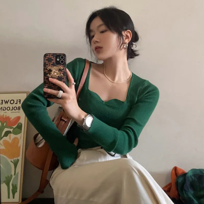 Pleteni puloveri Ženski vintage jednobojni džemperi Jesen Zima Korejski elegantni uski pleteni predmeti s četvrtastim ovratnikom Raznobojni džemperi Novo