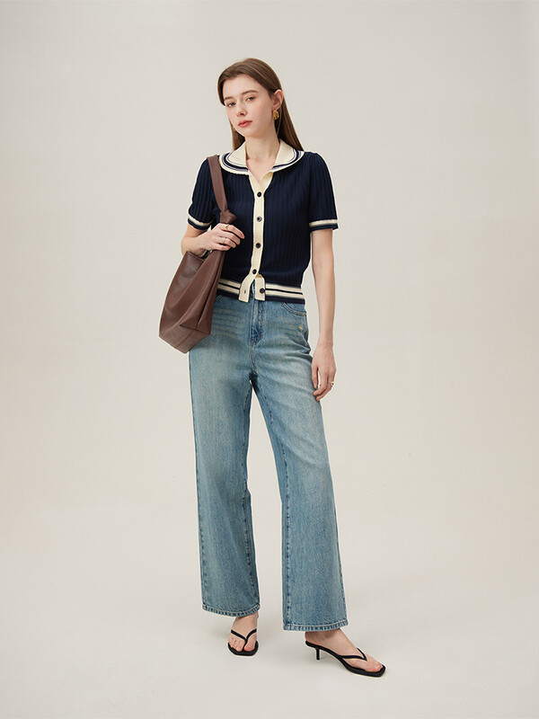 Cardigan tricotat FSLE în stil colegiu, cu guler polo, pentru femei, tricotaje, vară, 2024, nou, negru, casual, 24FS12115