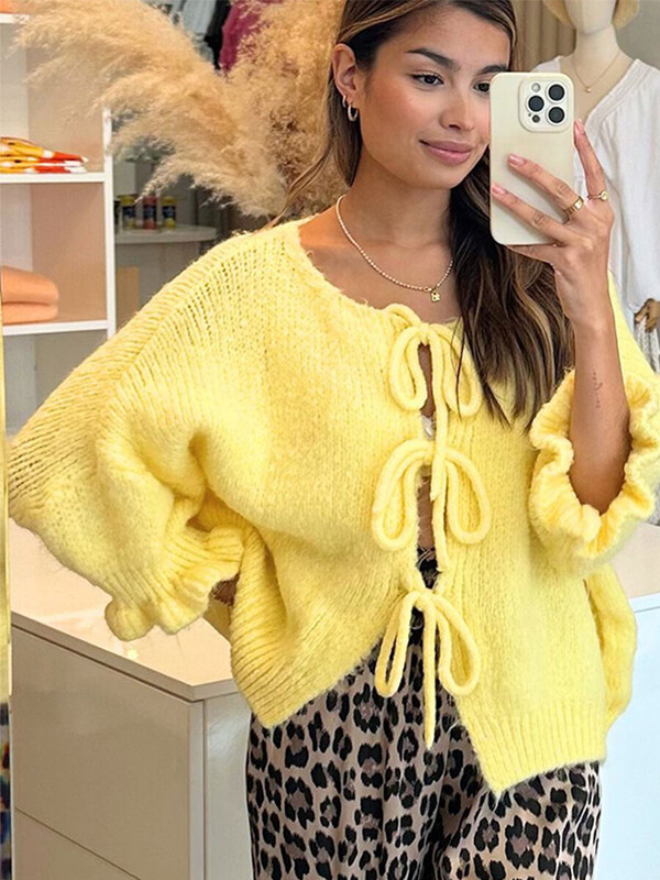 Elegantni ženski kardigan džemper na vezanje, jesen 2024., opušteni džemper s dugim rukavima s O-izrezom Chic Lady Street Ležerna pletenina
