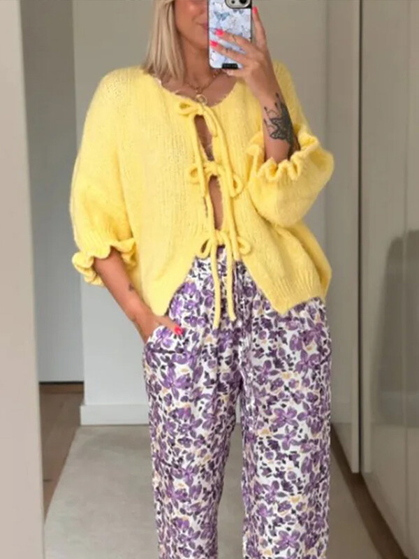 Elegantni ženski kardigan džemper na vezanje, jesen 2024., opušteni džemper s dugim rukavima s O-izrezom Chic Lady Street Ležerna pletenina