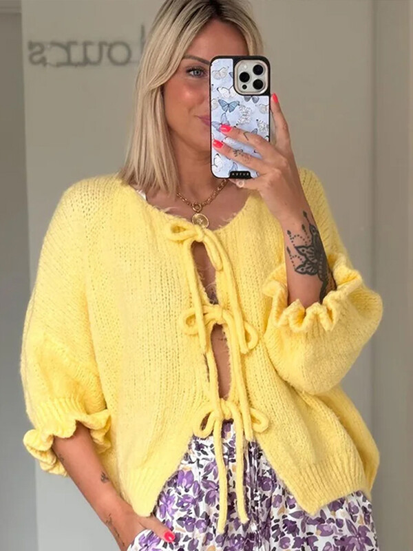 Elegantni ženski kardigan džemper na vezanje, jesen 2024., opušteni džemper s dugim rukavima s O-izrezom Chic Lady Street Ležerna pletenina