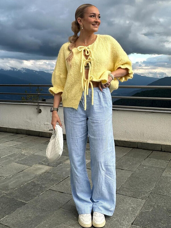 Elegantni ženski kardigan džemper na vezanje, jesen 2024., opušteni džemper s dugim rukavima s O-izrezom Chic Lady Street Ležerna pletenina