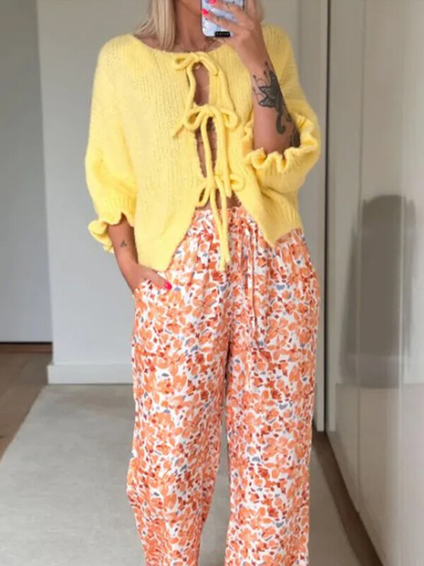 Elegantni ženski kardigan džemper na vezanje, jesen 2024., opušteni džemper s dugim rukavima s O-izrezom Chic Lady Street Ležerna pletenina