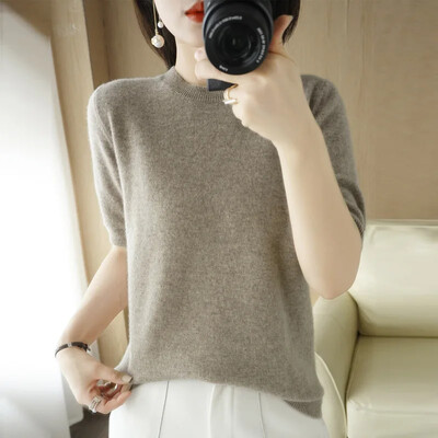 2024 Pulovere de femeie, primăvară, vară, cu mâneci scurte, tricotate, cu gâtul O, pulover slim, cămăși cu fundul, tricotaje de modă coreeană