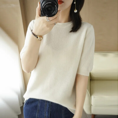 2024 Pulovere de femeie, primăvară, vară, cu mâneci scurte, tricotate, cu gâtul O, pulover slim, cămăși cu fundul, tricotaje de modă coreeană