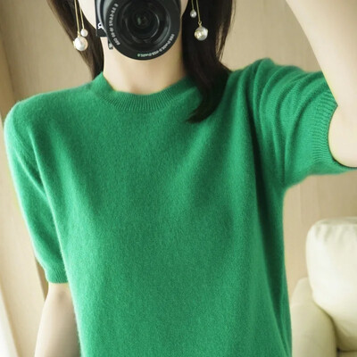 2024 Pulovere de femeie, primăvară, vară, cu mâneci scurte, tricotate, cu gâtul O, pulover slim, cămăși cu fundul, tricotaje de modă coreeană