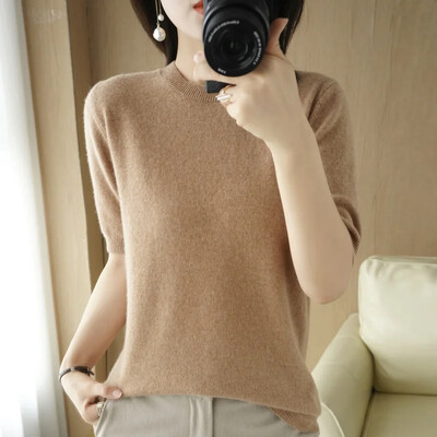 2024 Pulovere de femeie, primăvară, vară, cu mâneci scurte, tricotate, cu gâtul O, pulover slim, cămăși cu fundul, tricotaje de modă coreeană