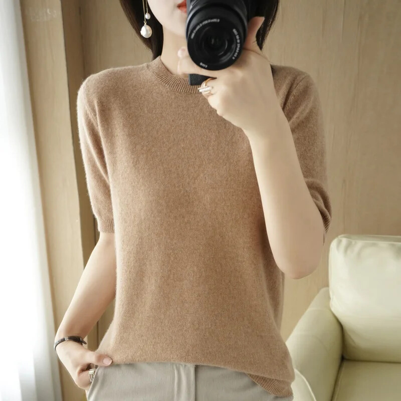 2024 Pulovere de femeie, primăvară, vară, cu mâneci scurte, tricotate, cu gâtul O, pulover slim, cămăși cu fundul, tricotaje de modă coreeană