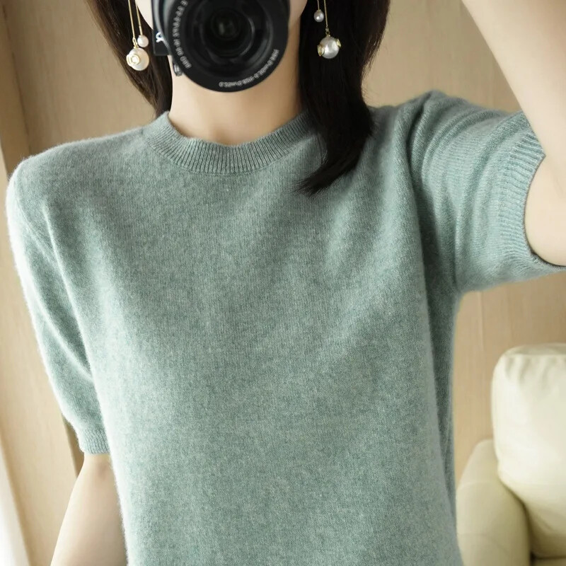 2024 Pulovere de femeie, primăvară, vară, cu mâneci scurte, tricotate, cu gâtul O, pulover slim, cămăși cu fundul, tricotaje de modă coreeană