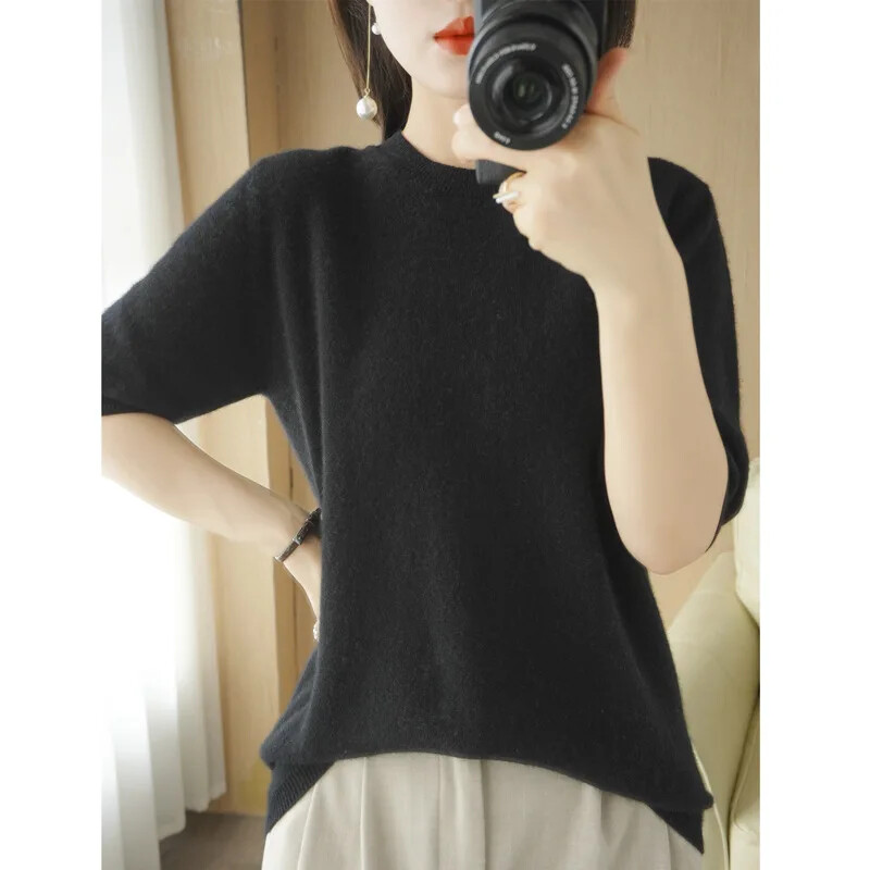 2024 Pulovere de femeie, primăvară, vară, cu mâneci scurte, tricotate, cu gâtul O, pulover slim, cămăși cu fundul, tricotaje de modă coreeană